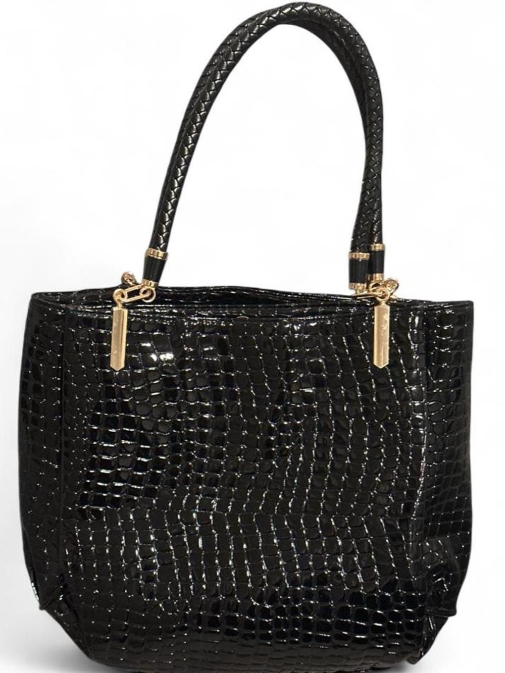 Black Croc-Embossed Style Bag with Gold Hardware Estimated 12.5 x 11 in